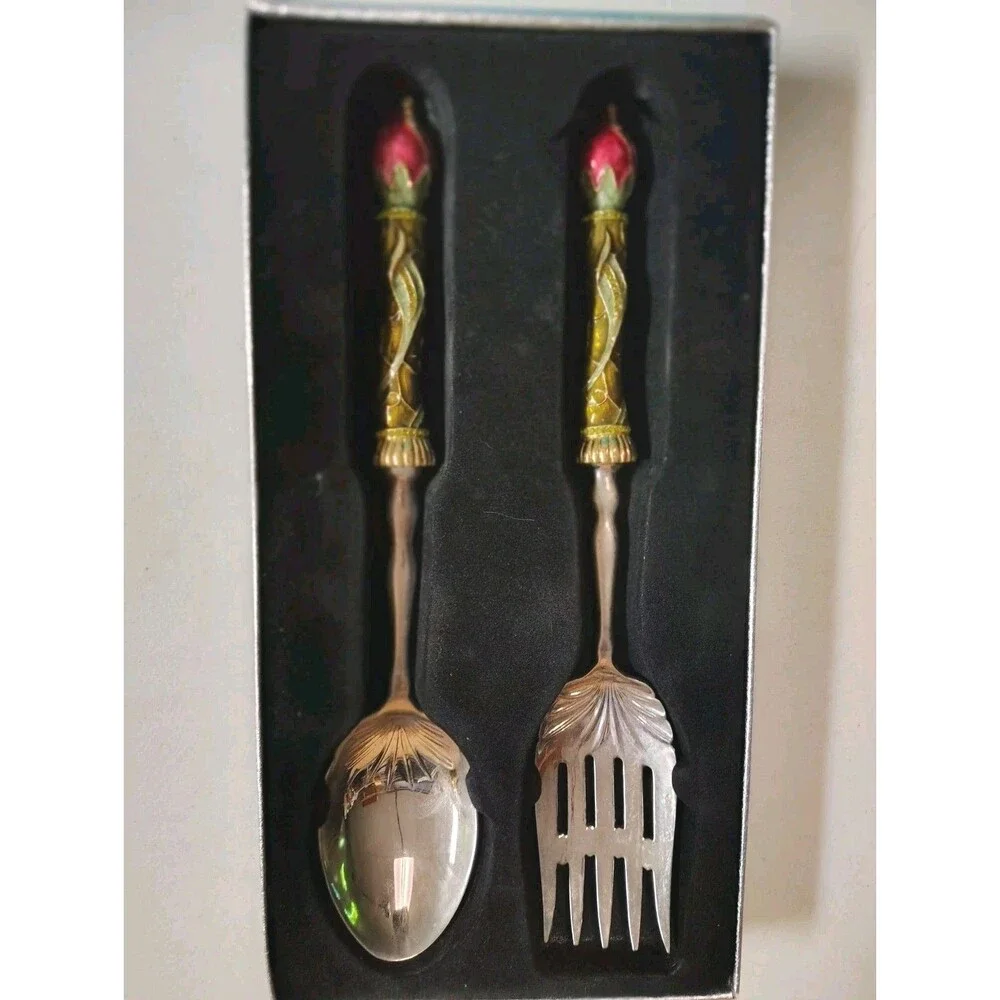 Sainish Ornate Floral Serving Set - Large Fork & Spoon - Jeweled Enamel Handles